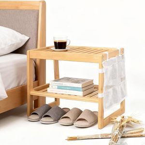 Bedside <b>Table</b> With Storage Shelf <b>Bamboo</b> Minimalist Design For Bedroom Nightstand With Mesh Pocket And Two Tiers - Product Image 1