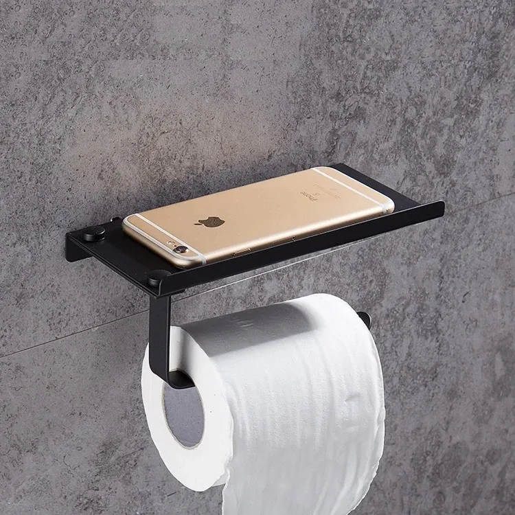 Mematuhi <span class=keywords><strong>Aluminium</strong></span> Kamar Mandi Kertas Pemegang dengan Ponsel Rak Hitam Pemegang Kertas Toilet Roll Kertas Pemegang Kotak Tisu