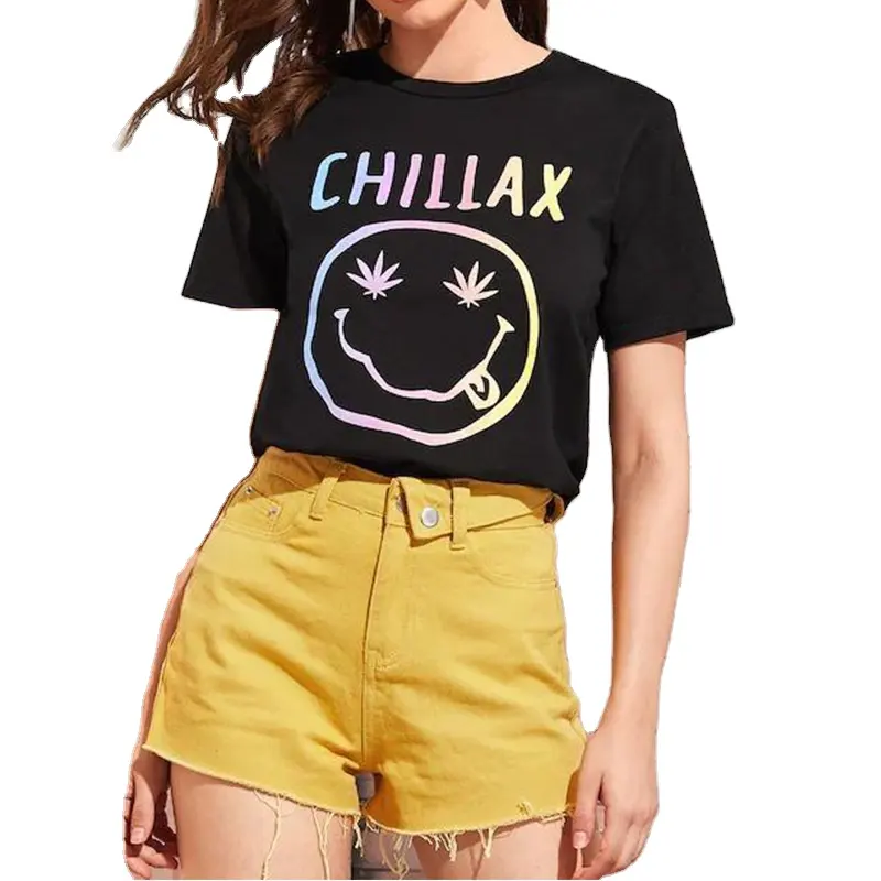 Oem Summer Casual O Neck Short Sleeves Smiley Face Letter Print Cotton Tees T Shirt For Women