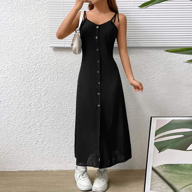 Spaghetti träger Lässiges Kleid aus reinem Leinen Keine Stretch Schwarzes Kleid Elegante Frauen Button Front Sommerkleid