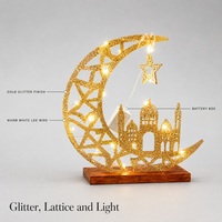 Lumière à piles AA à paillettes dorées en forme de croissant de lune et de silhouette de mosquée sur base en bois pour la décoration du Ramadan, vente en gros