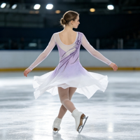 Robe de patinage artistique et de danse pour enfants et adultes, dégradé blanc lavande, manches longues en maille transparente, strass, coupe diagonale, pour compétition et spectacle