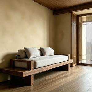 Divano a Due Posti in Legno Massello Stile Wabi-Sabi con Rivestimento in Cotone e Lino Rimovibile e Lavabile per Villa, Hotel, Piccolo Appartamento, Caffè, Sala da Pranzo, Bar - Product Image 5