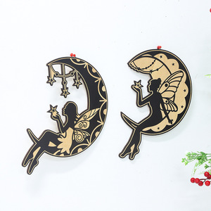 Pendentif ange lunaire en bois, 2 pièces, décoration murale bohème, décoration de la maison, forme irrégulière, matériau en buis - Product Image 3