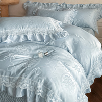 Parure de lit en soie polyester, housse de couette en satin et dentelle, 4 pièces, drap de lit, housse de couette et taies d'oreiller de luxe pour toutes les saisons