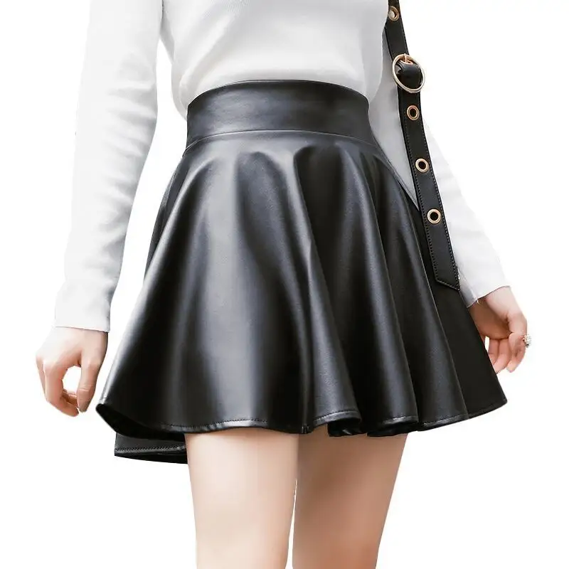 Women Sexy Faux Leather Pleated Design Skirts High Waist Elastic Mini Skirt Casual Office Work Nightclub PU Skirts
