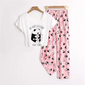 Sfy-y354 vendita calda estate pigiama di seta del latte 2 pezzi carino panda stampa girl' s sleepwear ladies cartoon pijamas lovely homewear