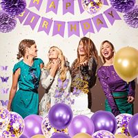 Décorations d'anniversaire violettes pour femmes et filles avec des fleurs, des décorations de gâteau, des papillons suspendus, des guirlandes à pois circulaires et des ballons