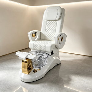 Fauteuil de pédicure électrique inclinable blanc de luxe pour salon de manucure et spa, avec bassin à pieds en verre et décoration dorée - Product Image 2