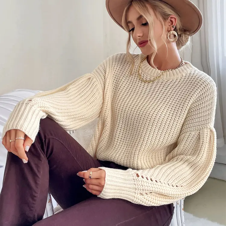 Winter Loose Puff Sleeve Half Cardigan Stitch Chunky Knit Sweater Pullover Female