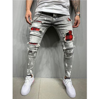 RNSHANGER-Jean skinny bleu peint pour homme, pantalon en denim, coupe ajustée, déchiré, plissé, déchiré