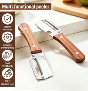 Éplucheur de légumes 2-<span class=keywords><strong>en</strong></span>-1 <span class=keywords><strong>en</strong></span> acier inoxydable avec manche <span class=keywords><strong>en</strong></span> bois massif, ouvre-bouteille, couteau éplucheur manuel <span class=keywords><strong>en</strong></span> métal pour fruits et pommes de terre - Product Image 4