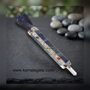 Baguette d'ange sculptée à la main en lapis-lazuli avec 7 pierres des chakras et incrustation argentée, pendule de guérison pour Feng Shui, objet de collection artistique - Product Image 1