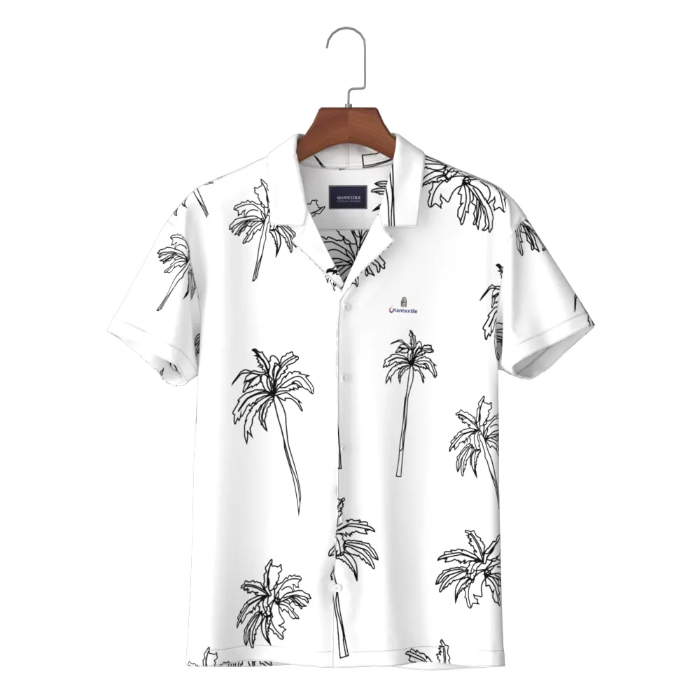 スマートカジュアルメンズシャツ100% エコベロ半袖クールホワイトツリープリントハワイカラーカジュアルシャツ男性用