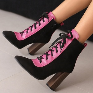 Women's Large Size 50 Lace up Ankle Ladies Wood Print High Chunky <b>Heels</b> Shoes Wide Fit Patchwork Short Booties - Product Image 3