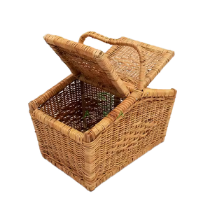 Panier de rangement en rotin avec couvercle et poignée, forme rectangulaire, fait main, pour salon, boîte d'organisation multi-usages - Product Image 1