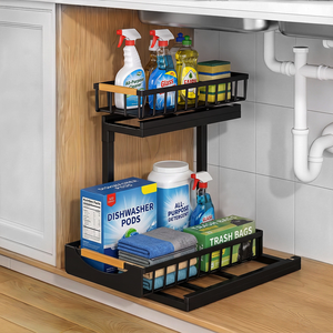 Organizador Metálico Negro de 2 Niveles para Debajo del Fregadero, Estante de Almacenamiento Extraíble con Asa de Madera para Gabinete de Cocina o Baño - Product Image 3