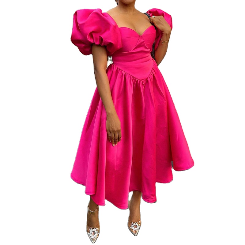 hot pink puff sleeve midi dress hot pink cocktail dress Plus Size Hot Pink Semi Formal O Neck Puff Sleeve A-Line Midi Dress