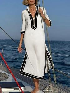 Robe blanche ample avec bordure contrastante noire, manches trois quarts, longueur midi, en coton tissé respirant, robe décontractée d'été - Product Image 2