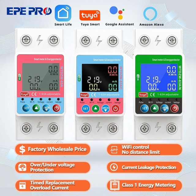 Tuya Mcb Wifi Smart Switch Circuit Breaker Energy Meter Digital Power Meter Single Phase 63A 220V for Electrical Safety