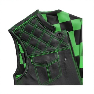 Men's Solid Black Green Quilted Genuine Leather Biker <b>Vest</b> with Pockets Windproof Motorcycle Outerwear Winter - Product Image 3