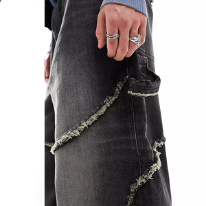 Pantalon en jean noir dégradé unisexe surdimensionné, style tendance, franges déchirées, patchwork, jean à jambes larges, style streetwear, vintage, délavé - Product Image 3