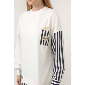 Tunique pour femme Puane, imprimé pop-corn écru-marine et bordure rayée perlée, chemisier élégant décontracté pour tous les jours - Product Image 5