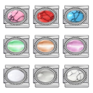 Oval Colored Turquoise Cat's Eye Stone Italian Modular Bracelet Link Stainless Steel DIY Jewelry Accessories For Bracelet Making - Product Image 1