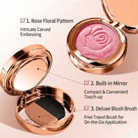 Fard à joues rose scintillant haute pigmentation avec logo personnalisé, motif floral en relief, pinceau intégré et miroir pour maquillage professionnel – Vente en gros