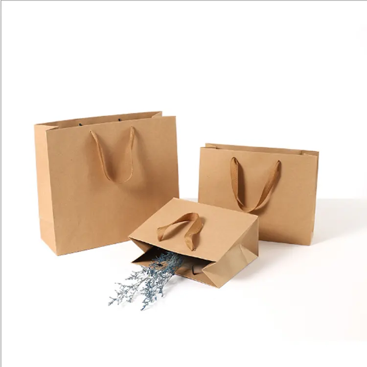 Individuelles logo recycelt braun kraft geschenk einkaufen verpackung papier string tasche mit griff