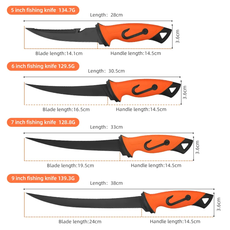 Nuevos accesorios de pesca personalizados, cuchillo de filete de pescado, cuchillo de pesca con revestimiento negro de acero inoxidable 5Cr15