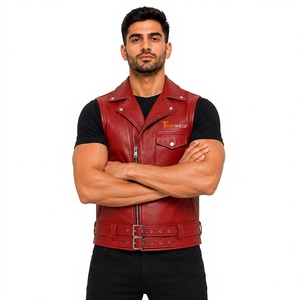 Tiierwear Gilet moto en cuir rouge pour homme avec fermeture éclair et ceinture, vêtement d'extérieur de style motard de couleur unie - Product Image 1