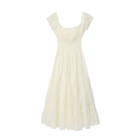 Robes midi décontractées d'été pour femmes, 2 coloris, col rond, lacets, smockées, couleur unie, tendance