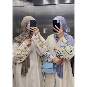 Unique design embroidery linen open abaya custom muslim abaya linen dress