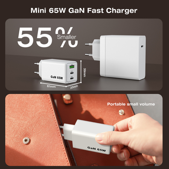 Mini 65w GaN Mobile Phone Charger for Travel Compact Portable 65W Fast Charger Type C USB-A Port for Universal Devices