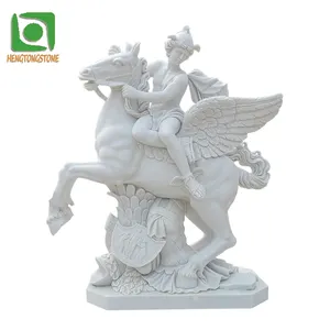 손 조각 된 흰색 대리석 그리스 군인 승마 말 동상 조각