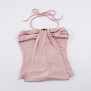 Women Pink Halter Neck Top with Beaded Detail Ruched Front Adjustable <b>Back</b> <b>Tie</b> Soft Knit Sleeveless Top 2026 Summer New Arrival - Product Image 6