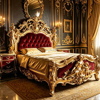 Meubles de chambre à coucher de luxe de style rococo français, style villa palais, bois massif sculpté, tissu rouge avec sculpture dorée, lit king size en bois