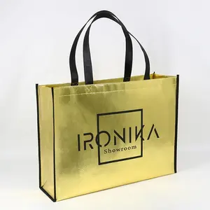 Logotipo personalizado Impressão De Luxo Ouro Metálico Presente Laser Não Tecido Saco Reutilizável Tote Shopping Bag