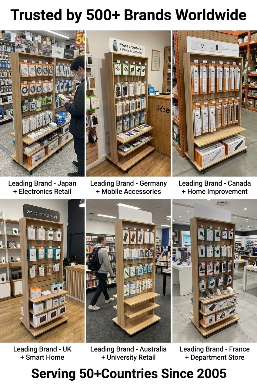 Custom Wooden Power Strip Display Stand Floor Standing 3C Accessories Retail Display Rack With Hooks Shelves Custom Logo OEM ODM — view 6