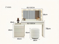 Coiffeuse moderne en panneaux de bois gris avec miroir éclairé et tiroirs réglables pour chambre, hôtel, appartement, dotée d'un rangement pratique