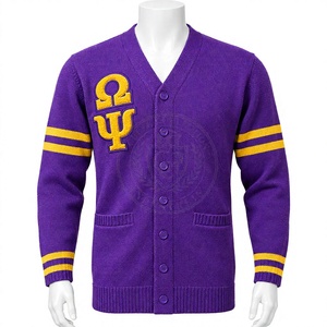 Cárdigan de punto acrílico con cuello en V, color morado, de la fraternidad Omega Psi, con logotipo de letras griegas bordadas en chenilla, de botonadura sencilla, para hombre. - Product Image 1