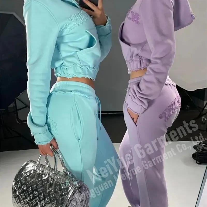 Custom Cropped Zipper Ácido Lavado Tricô Roupas Femininas Bordado Patch Hoodie E Sweatpants Angustiado Sweatsuit Set