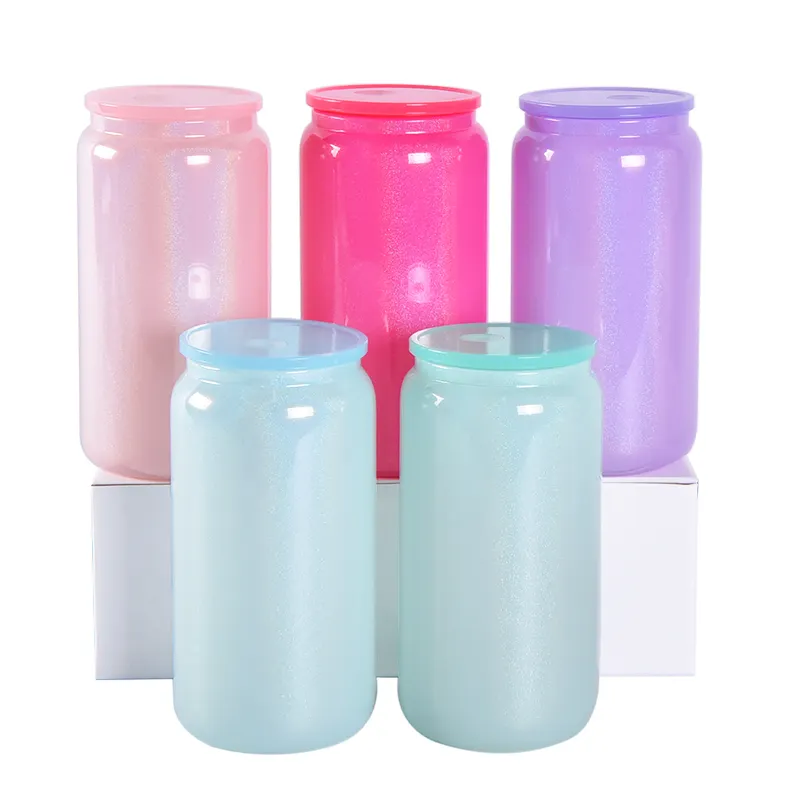 EE. UU. Almacén 16 Oz Color Shimmer Bling Glass Can Vaso de café de 16 Oz con tapa de PP de color y pajita para sublimación