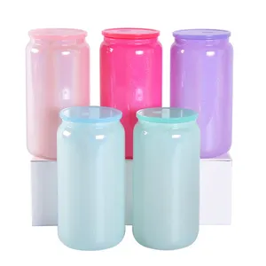 Abd depo 16 Oz renk pırıltılı Bling cam süblimasyon için renkli Pp kapak ve saman ile 16 Oz kahve bardağı olabilir