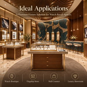 Vitrine de présentation de montres sur mesure avec plateau en marbre, finition laiton et verre, pour showroom de montres de luxe, solution d'aménagement intérieur clé en main - Product Image 3
