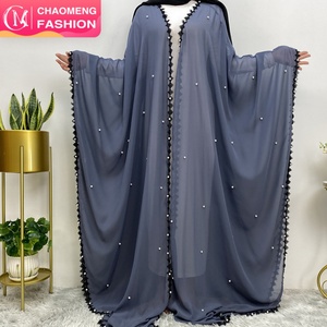 1653# Chiffon Beaded Open Abaya With Black Lace Bother and White Pearls Bat Sleeve Arabic Cardigan <b>Kaftan</b> - Product Image 1