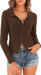 ZAFUL Women's Zip up Sweater Long Sleeve <strong>Polo</strong> V <strong>Neck</strong> Ribbed Knit Slim Cropped Sweater Pullover <strong>Jumper</strong> Tops - Product Image 3