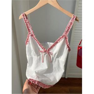 Women's Embroidered Camisole Top With Plaid Trim <b>Bow</b> Front Spaghetti Strap Peplum Design - Product Image 5