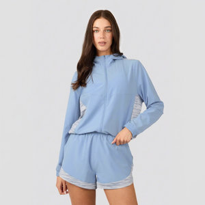Ensemble veste coupe-vent légère à capuche et short pour femme, survêtement athlétique à fermeture éclair intégrale, tenue de sport décontractée avec panneaux contrastés - Product Image 1